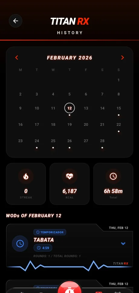 Calendario e historial de entrenamientos de CrossFit con seguimiento de rachas y PR
