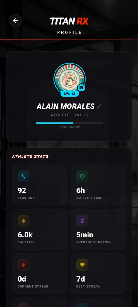 Perfil de atleta TITAN RX con estadísticas, nivel XP y logros