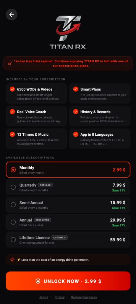 Planes de suscripción de la app de temporizador TITAN RX