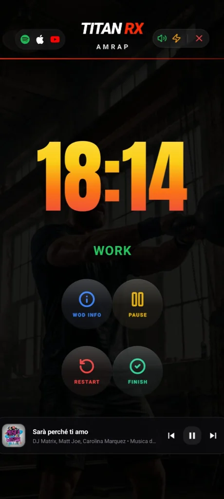 Temporizador AMRAP vertical para CrossFit con control de música y coach de voz