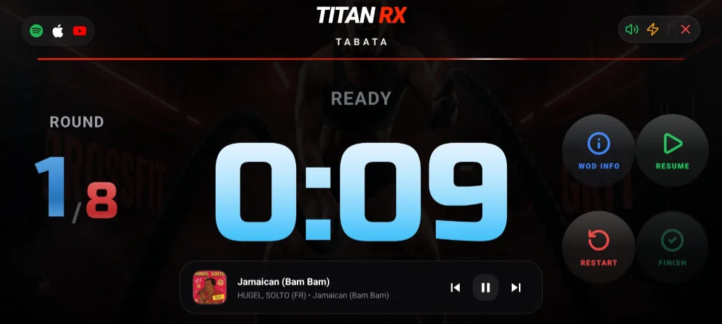 Temporizador Tabata horizontal con números gigantes en pantalla completa