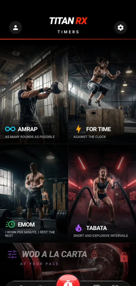 Interfaz principal de TITAN RX con rutinas WOD para CrossFit