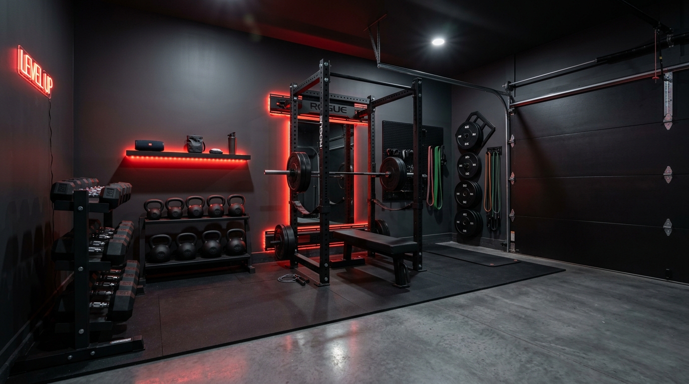 home gym CrossFit barra olímpica bumper plates garaje configuración