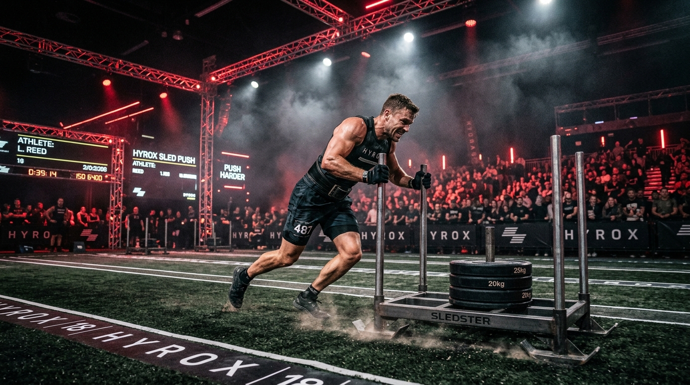 atleta HYROX técnica de sled pull con cuerda en competición