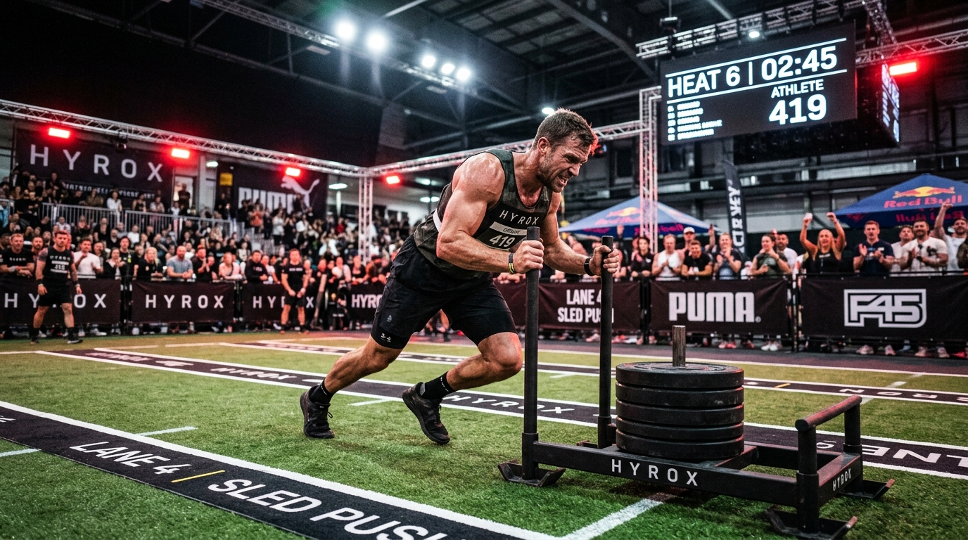 Dominar el Sled Push en HYROX: Biomecánica del Empuje de 125kg/175kg, Ángulo Corporal y Elección de Calzado